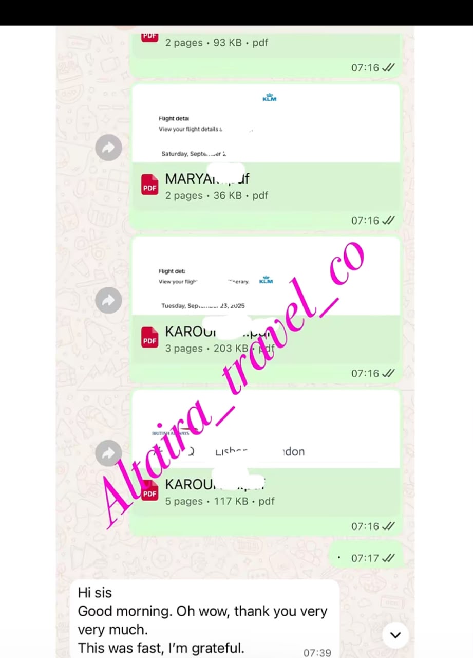 Flight itineraries sent to a client on WhatsApp