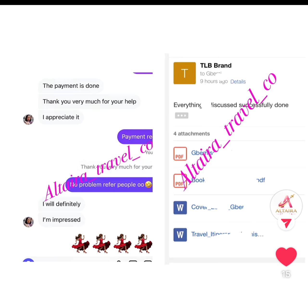 Client messages confirming a completed booking